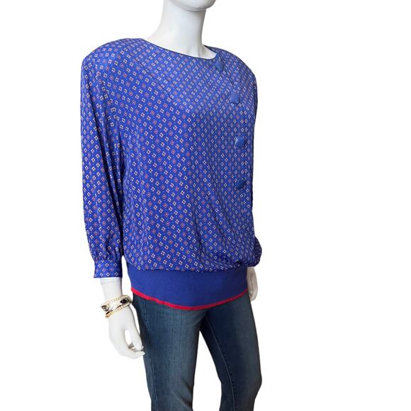 Vintage 80s Lindsey Blake Cobalt Blue Asymmetrical Button Blouson Top, 16 - Picture 2 of 6